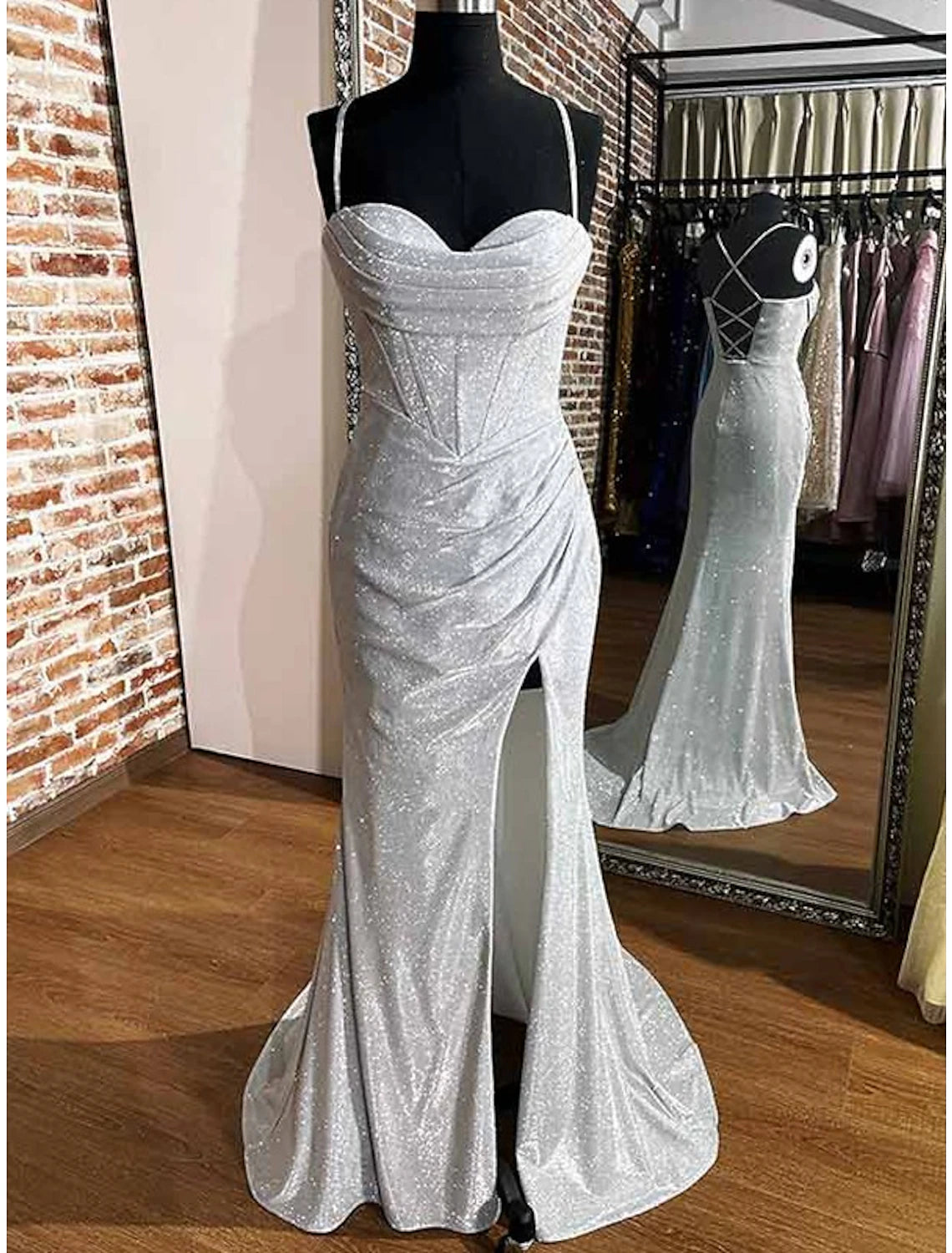 Wholesale  Sheath / Column Prom Dresses Corsets Dress Wedding Party Sweep / Brush Train Sleeveless Cowl Neck Fall Wedding Reception Sequined with Glitter Ruched Slit
